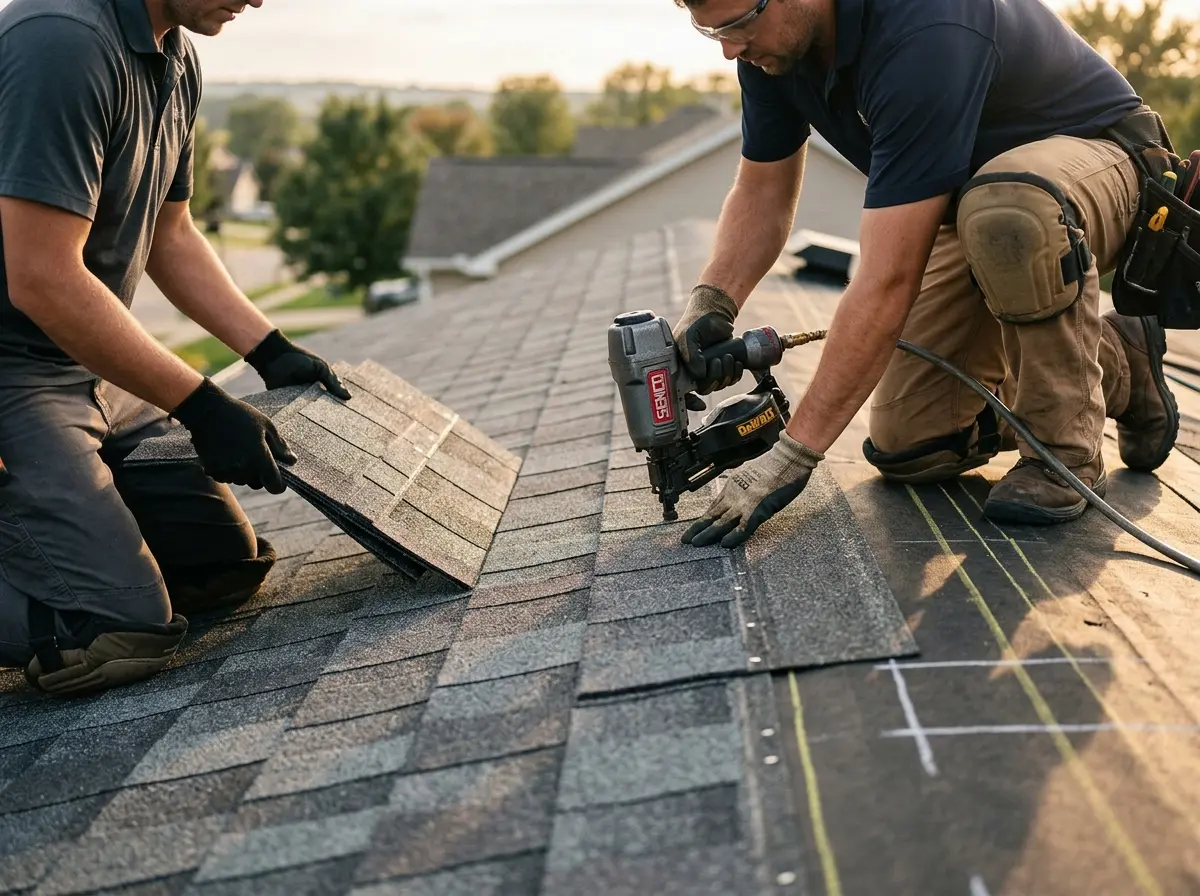 Professional roofer working on a residential roof in Live Oak